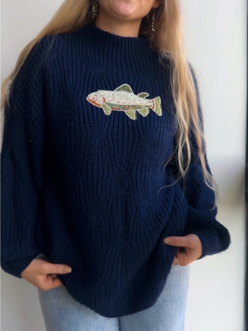 Upcycled Appliqué Fish Embroidered Navy Knit Mock Neck Sweater
